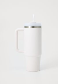 Insulated travel mug, pale pink matte finish, stainless steel band, tapered shape, side handle, removable lid with built-in straw.