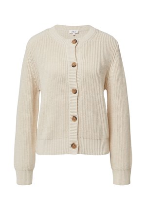Cardigan de couleur crème en tricot texturé, présentant un col rond, des manches longues et cinq boutons marron sur le devant.