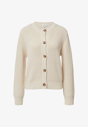 Cream-colored cardigan made of textured knit fabric, featuring a rounded neckline, long sleeves, and five brown buttons down the front.