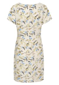 Vestido de manga corta con estampado floral en beige claro, que presenta flores azules y amarillas, con un corte holgado y cuello redondo.