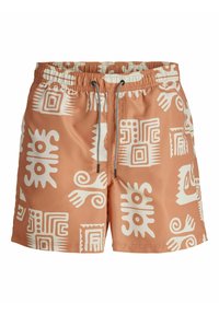 Heren zwemshorts van koraalkleurige stof met grote witte geometrische en abstracte patronen, elastische tailleband en verstelbaar trekkoord.