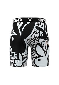 Herre boxershorts med et svart og hvitt design som har Playboy-logoen og tekst. Laget av et glatt stoff med en fleksibel midjebånd.
