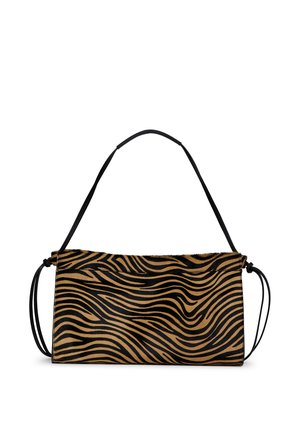 Schultertasche mit Zebramuster aus braunem und schwarzem Kunstpelz, rechteckige Form, mit zwei schwarzen, verstellbaren Riemen an beiden Seiten.