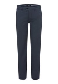 Pantalons habillés bleu marine foncé avec une coupe ajustée, fabriqués en tissu lisse. Présente une fermeture à bouton et des poches standard.