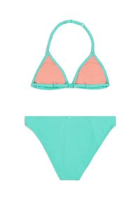 Dwuczęściowy zestaw bikini; stanik w kształcie trójkąta z miętowymi ramiączkami i koralowym wykończeniem wewnętrznym, w zestawie z miętowymi majtkami bikini. Gładka tekstura materiału.