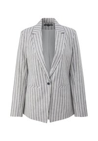 Striped blazer with a light gray base and dark gray vertical stripes. Features notched lapels, a single button closure, and two front pockets.