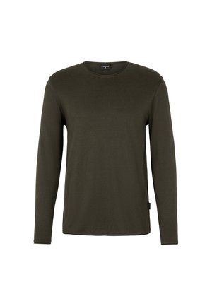 Langsleeve shirt in donker olijfgroen, gemaakt van zacht, rekbaar materiaal. Beschikt over een ronde halslijn en een minimalistisch ontwerp zonder patronen.