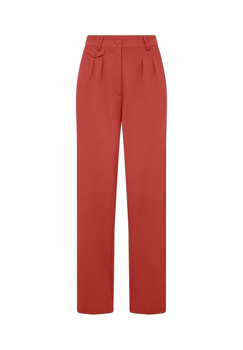 Rode op maat gemaakte broeken met een recht gesneden ontwerp, voorzien van voorplooien, zijzakken en een knoopsluiting in de taille. Zachte textuur.