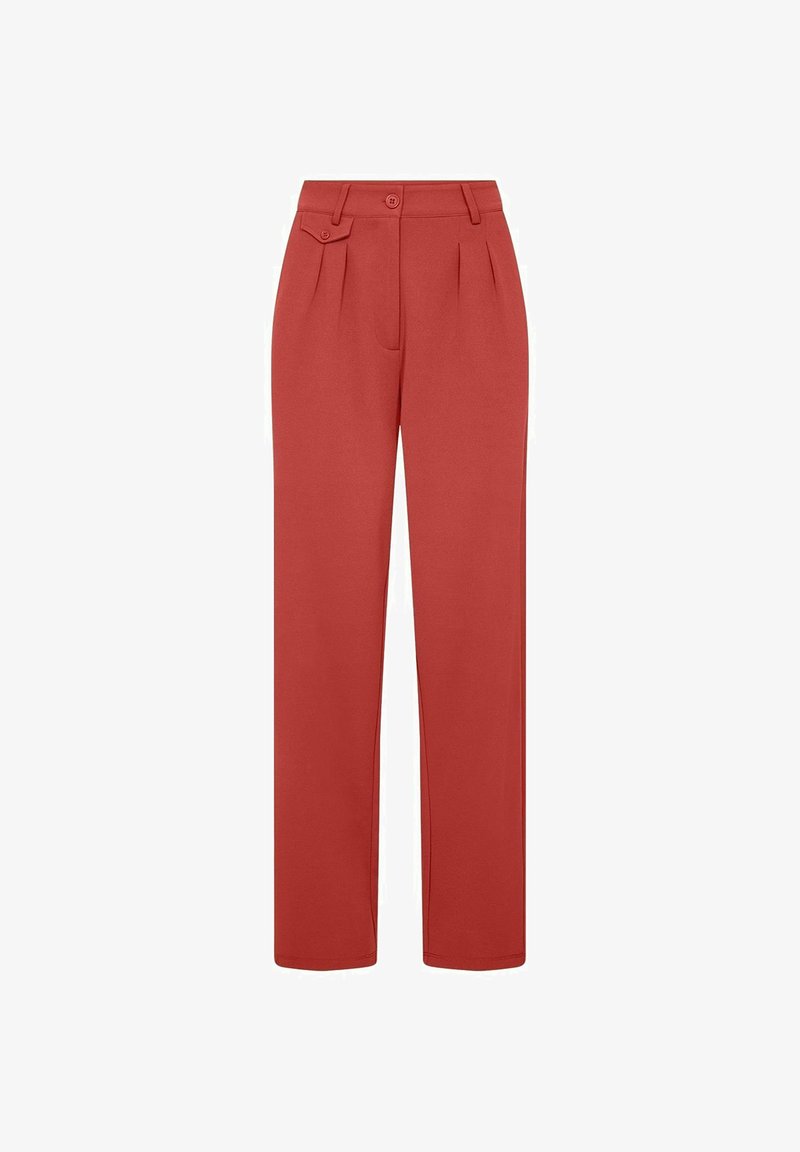 Rode op maat gemaakte broeken met een recht gesneden ontwerp, voorzien van voorplooien, zijzakken en een knoopsluiting in de taille. Zachte textuur.