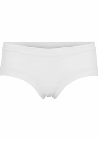 Hvide bomuldsunderdel med en glat tekstur, lav talje, og syninger i siderne. Klassisk, minimalistisk design, velegnet til hverdagsbrug.