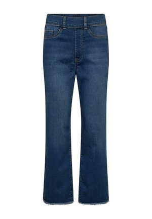 Tmavomodré džínsy z denimu so strihom rovného strihu, piatimi vreckami, očkami na opasok a neupravenými strapcami na lemoch.