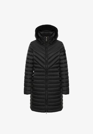 Črna puff jakna s kapuco, z zadrgo, predvsem vodoravno prešito zasnovo in elegantno silhueto. Mehka, sijoča tkanina.