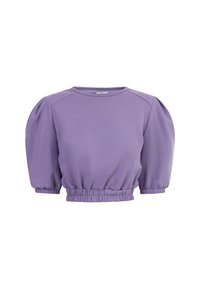 Lilla cropped sweatshirt med puffede ærmer, elastisk manchet og kant, der har en glat tekstur og rund halsudskæring.