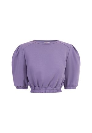 Lila, short fazonú pulóver puff ujjakkal, rugalmas mandzsettával és aljjal, sima textúrával és kerek nyakkivágással.