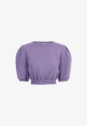 Lila, short fazonú pulóver puff ujjakkal, rugalmas mandzsettával és aljjal, sima textúrával és kerek nyakkivágással.