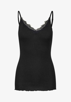 Czarny top na ramiączkach z regulowanymi ramiączkami, z koronkowym wykończeniem wzdłuż dekoltu w kształcie litery V oraz teksturowaną ribbową tkaniną. Falbaniasty dół.