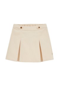 Beige Faltenrock aus strukturiertem Stoff, mit elastischem Bund und zwei dekorativen Knöpfen vorne. Gerader Saum mit dezenten Details.