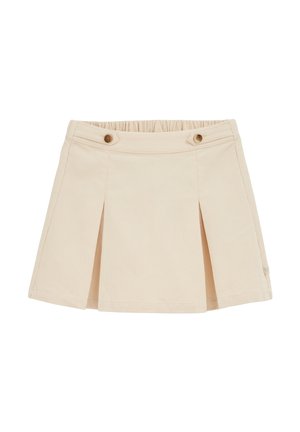 Gonna beige plissettata con un tessuto testurizzato, vita elastica e due bottoni decorativi sul davanti. Orlo dritto con dettagli sottili.