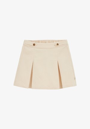 Béžová plisovaná sukně z texturované tkaniny, s elastickým pasem a dvěma dekorativními knoflíky na přední straně. Rovný lem s jemnými detaily.