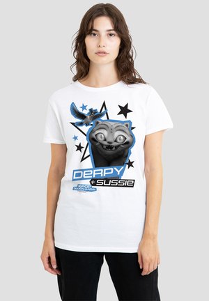 Young woman wears white t-shirt featuring cartoon cat with wide eyes and crow, surrounded by black and blue stars and text "Derpy + Sussie".