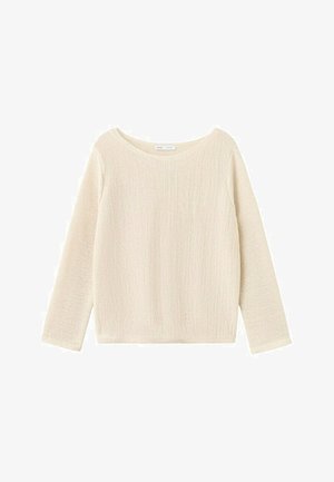 Pulover crem cu mâneci lungi, tricotat, cu decolteu rotund și croială lejeră, prezentat pe un fundal alb.