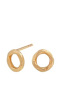 Złote kolczyki wkrętki z okrągłym, teksturowanym, fasetowanym wzorem z otwartych środków. Proste zapięcie na sztyfcie zapewniające pewne noszenie.