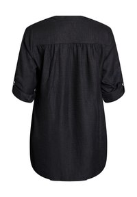 Black shirt with three-quarter sleeves, gathered back detail, and a textured fabric finish. Features rolled cuffs and a relaxed fit.