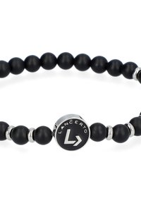 Czarny bransoletka z koralików o matowym wykończeniu, z centralnym akcentem z metalu w kolorze srebra z napisem "LANCERTO" oraz logo.