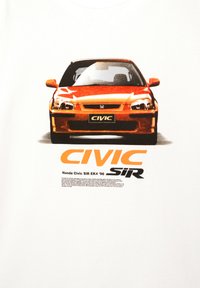 Grafisk t-shirt med et for View af en orange Honda Civic SiR EK4 ‘96, med fed tekst "CIVIC" og "SiR" i sort og orange.