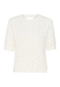 Pull blanc à manches courtes avec un motif texturé, présentant des détails décoratifs en perles et un col rond avec une petite découpe à l'arrière.
