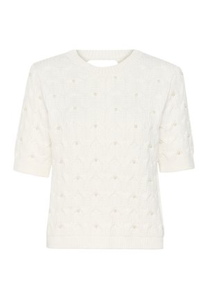 Pull blanc à manches courtes avec un motif texturé, présentant des détails décoratifs en perles et un col rond avec une petite découpe à l'arrière.