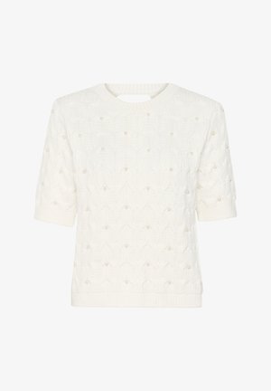 Pull blanc à manches courtes avec un motif texturé, présentant des détails décoratifs en perles et un col rond avec une petite découpe à l'arrière.