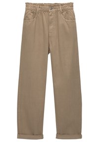 Pantalon en coton beige à coupe décontractée, taille élastique, poches avant et revers roulés. Texture lisse, détails de couture minimalistes.