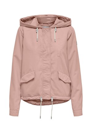 Chaqueta con capucha de color rosa claro con cremallera frontal, cordones en la capucha y el dobladillo, bolsillos con solapa y mangas largas.