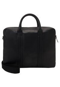 Svart läder laptopväska med dubbla handtag och en avtagbar axelrem. Slät textur med dekorativ sömnad på frampanelen.