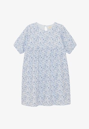 Hellblaues Kleid mit kurzen Ärmeln, kleinem dunkelblauem und grauem Blumenmuster, rundem Ausschnitt und Knopfverschluss hinten.