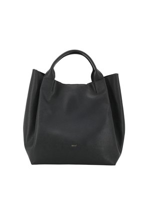 Eine große, schwarze Leder-Shopper-Tasche mit zwei Griffen, die ein dezentes Logo auf der Vorderseite und ein weiches, strukturiertes Design aufweist.
