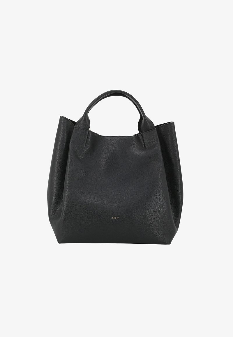 A large, black leather tote bag with two handles, featuring a subtle logo on the front and a soft, structured design.