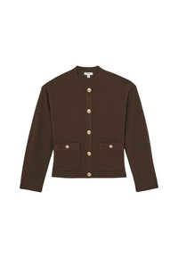 Ruda megzta kardiganas su apvalia iškirpte, septyniais auksiniais mygtukais priekyje ir dviem priekinėmis kišenėmis. Ryguliuoti rankogaliai ir apdaila.