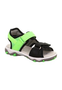 Schwarze und neongrüne Sandale mit verstellbaren Riemen, gepolsteter Sohle und rutschfester Gummisohle. Offenes Design für Atmungsaktivität.