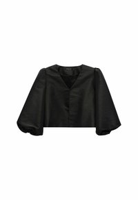 Sort cropped top med V-hals, brede klokkeærmer og glat satin kvalitet. Har et minimalistisk design og enkle stikninger.