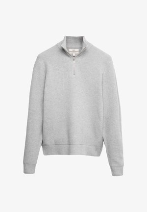 Hellgrauer, gerippter Pullover mit einem Reißverschlusskragen. Verfügt über lange Ärmel und einen figurschmeichelnden Saum. Hergestellt aus einem weichen Strickmaterial.