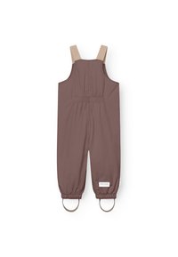Pantalones cortos marrones sin mangas con tirantes beige, cintura elástica y tobillos elásticos. Presenta aros de metal en las aberturas de los pies.