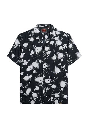 Kortærmet sort blomstret skjorte med et hvidt blomstermønster, en krave og knaplukning foran. Fremstillet af letvægtigt stof.