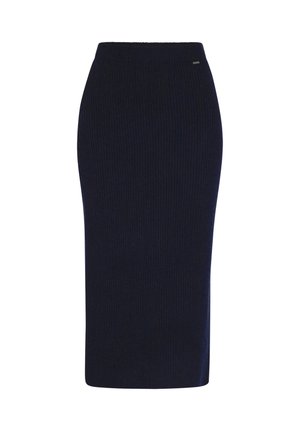 Brede gebreide kokerrok in donkerblauw, met een geribbelde textuur, hoge tailleband en een slim fit ontwerp. Geen zichtbare hardware of patronen.