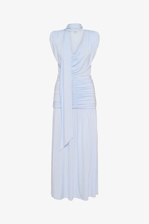 Light blue sleeveless draped dress with high collar, ruched waist, and long flowing scarf detail on front.