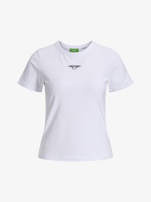 Fehér pamut póló kerek nyakkivágással, rövid ujjakkal, az elején fekete grafikai tervezéssel. Egyszerű, klasszikus fazon.