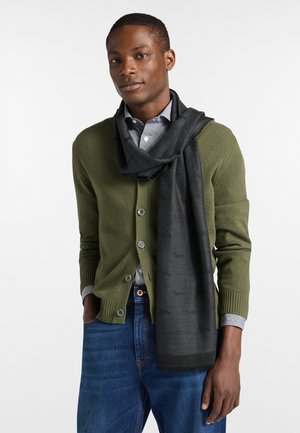 Trui: olijfgroen gebreid met een knoopsluiting aan de voorkant. Hemd: lichtblauw met een subtiel patroon. Sjaal: zwart, textuur, om de nek gedrapeerd.