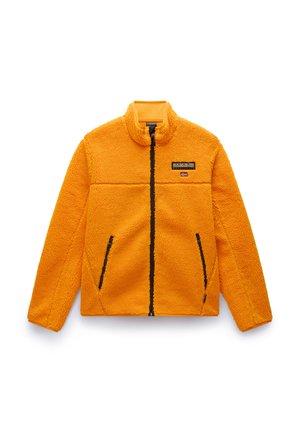 Oranger Fleece-Jacke mit Reißverschluss vorne, hohem Kragen und schwarzen Reißverschlussdetails. Verfügt über ein Patch-Logo auf der Brust und zwei Seitentaschen.
