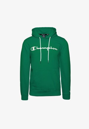 Zelená mikina Champion s bílými šňůrkami a kapsou vpředu, s bílým logem Champion přes hrudník a malým logem na rukávu.